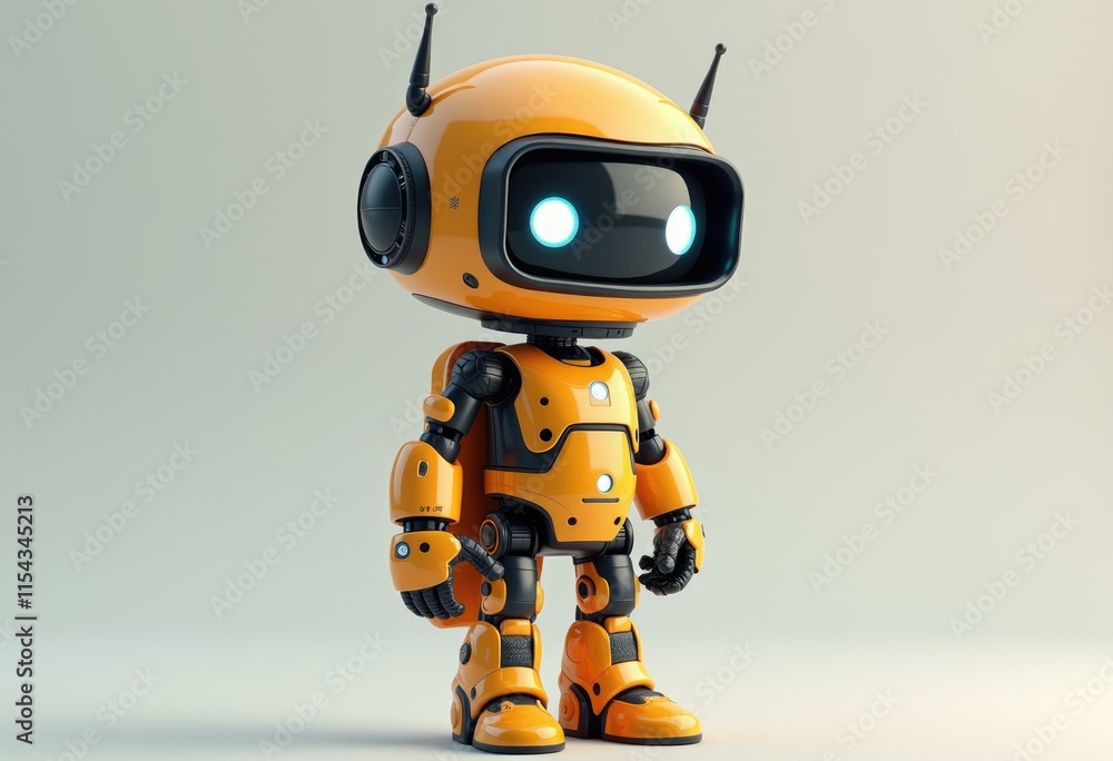 Poster a small orange robot with black details stands on a light background.