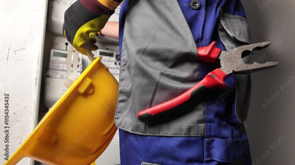 Wall mural Technician working on a modern electricity power meter station in a building.	
