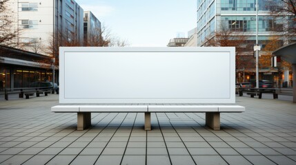 A white billboard sits on a bench in a city square