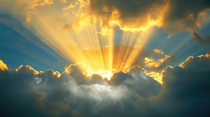 Dramatic sun rays breaking through the clouds in the sky	