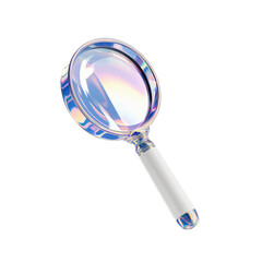 A 3D render of a blue, iridescent magnifying glass with a white handle. The magnifying glass is floating in mid-air and is isolated on a transparent background.