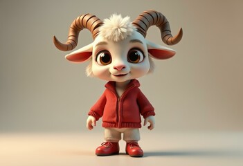 Fototapeta premium Cute cartoon goat with big eyes wearing a red jacket