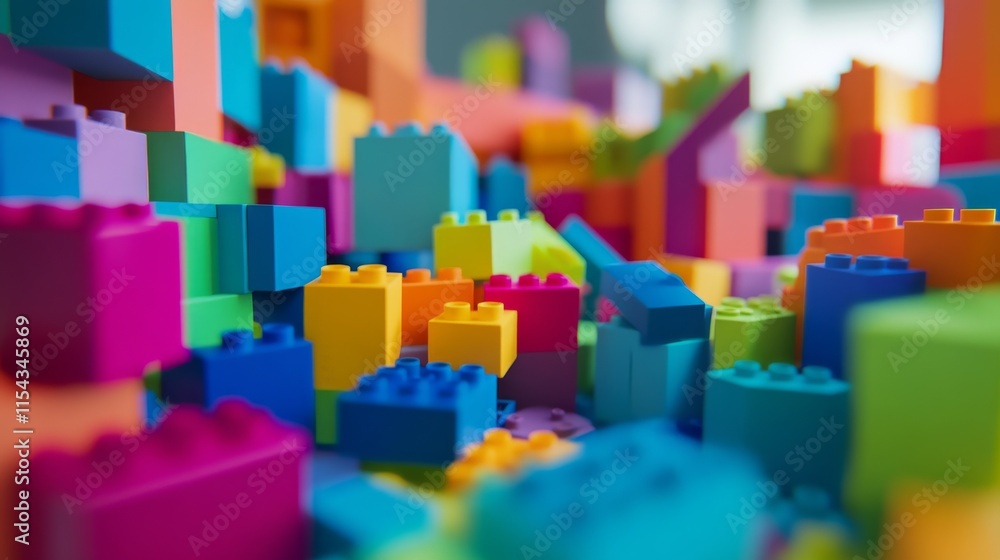Poster Intricate block-building setup with scattered pieces, Immersive workspace filled with colorful building blocks, Modern creative style