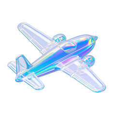 A 3d render of a holographic iridescent airplane. The airplane is transparent and has a rainbow iridescent sheen. It is floating in the air. The background is transparent.