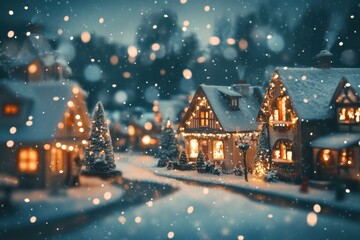 Fototapeta premium Cozy winter village with snow-covered houses and festive lights during the holiday season