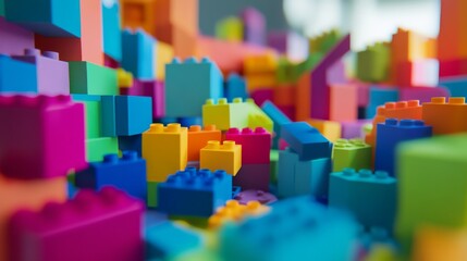 Obraz premium Intricate block-building setup with scattered pieces, Immersive workspace filled with colorful building blocks, Modern creative style