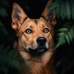 Naklejka premium Majestic Dog Gazing Among Lush Green Ferns in Nature Setting