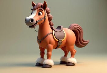 A friendly brown cartoon horse with a saddle and fluffy white leg warmers.