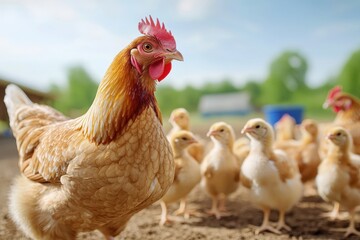 Fototapeta premium Close-up of a hen standing with her chicks in a rural farmyard, representing poultry farming and livestock care