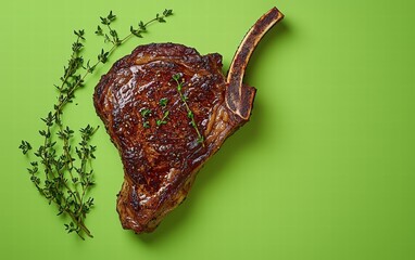 A smoky tomahawk steak with bone, surrounded by sprigs of thyme, on a bright green background