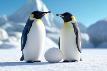 Two emperor penguins standing over an egg on ice, symbolizing parenting and wildlife in Antarctica