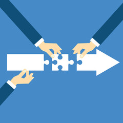 Teamwork working together to success, cooperation or team building collaborate to solve problem, partnership, help and support, business people colleagues help work together to connect jigsaw puzzle.