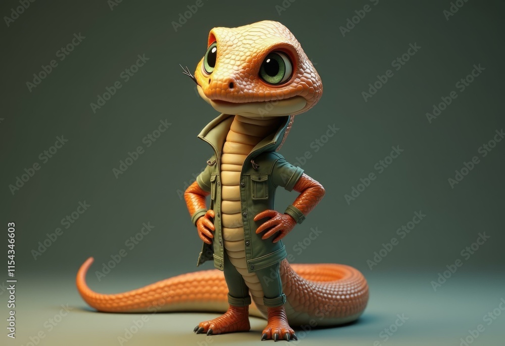 Poster a cartoon snake wearing a green jacket stands with its hands on its hips.