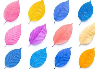 Obraz premium A variety of clear silhouettes of delicate leaf skeletons set against a multicolored background of blue, violet, lilac, and pink. A floral pattern showcasing stunning leaves in a nature macro