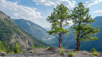 Obraz premium Green pine trees standing tall against a mountain backdrop