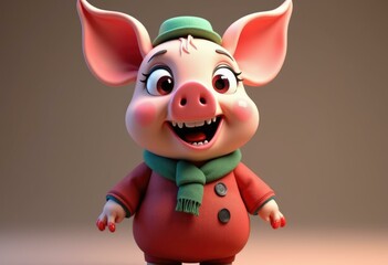 A happy cartoon pig wearing a red coat and a green scarf