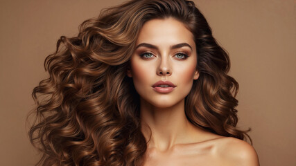 Naklejka premium Beautiful brunette model girl with long curly hair . Smiling woman hairstyle wavy curls . Beauty, hair care, hairstyles and hair coloring. Fashion , beauty and makeup portrait 