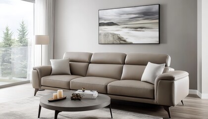 Modern Beige Leather Sofa in Living Room Interior Design