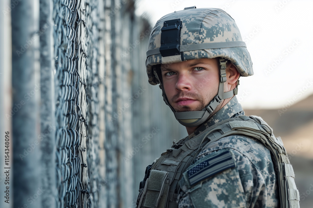 Poster man in a military uniform is standing in front of a chain link fence. he is looking at the camera wi