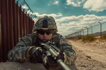 Fototapeta premium soldier is crouching down and holding a rifle. Concept of danger and war