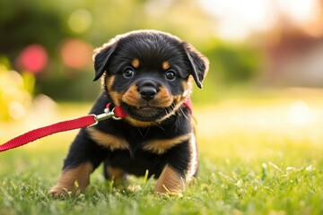 Energetic Rottweiler puppy playing in colorful backyard