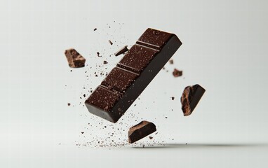 A glossy dark chocolate bar with a broken piece, floating mid-air on a bright white background