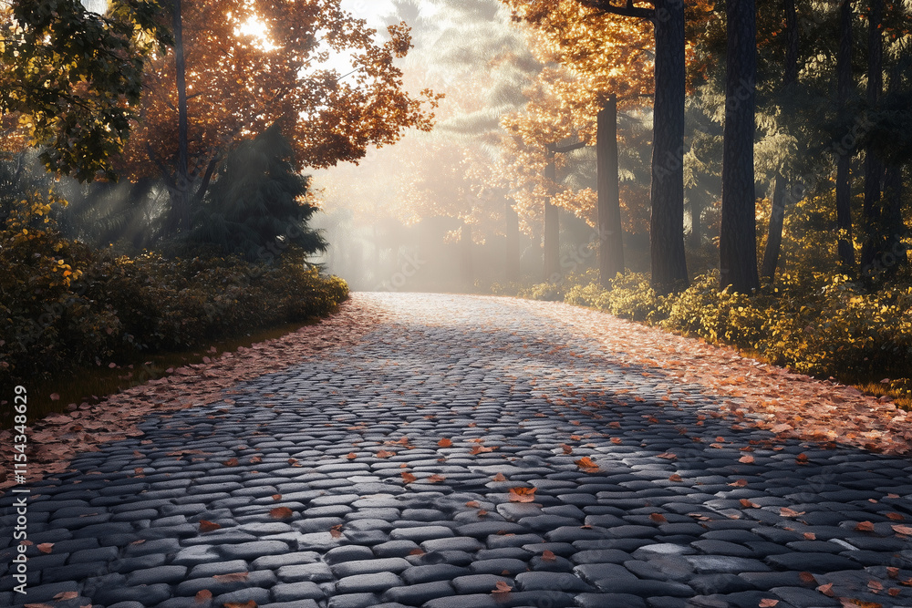Aufkleber stone walkway with trees in the background. the walkway is made of cobblestones and is surrounded by
