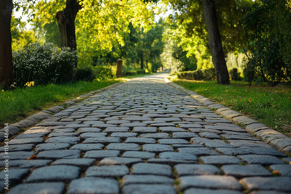 Aufkleber stone walkway with trees in the background. the walkway is made of cobblestones and is surrounded by