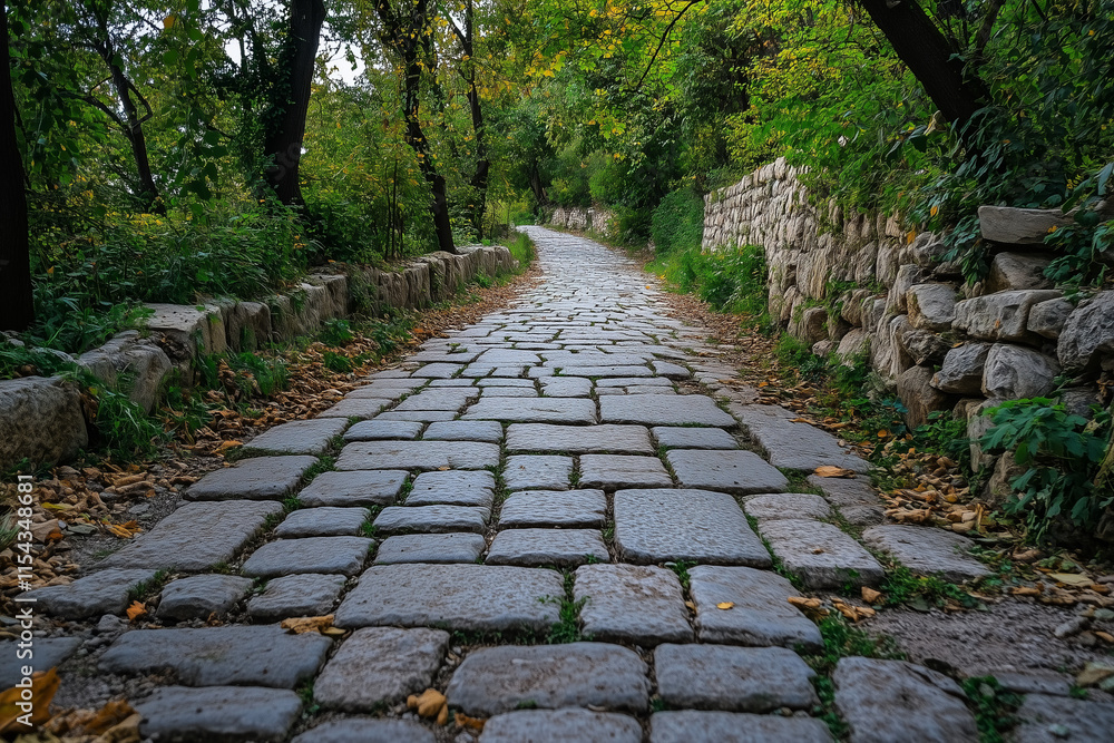 Aufkleber stone walkway with trees in the background. the walkway is made of cobblestones and is surrounded by