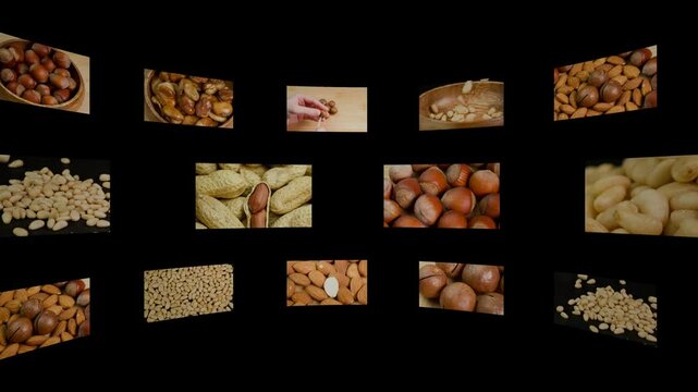 Collage of screens with various nuts with alpha channel. Nuts containing vitamins, minerals and omega 3 fatty acids. Nut concept healthy eat including almond, hazelnut, peanut, macadamia, pine nut