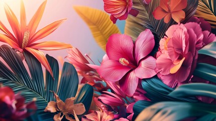 Fototapeta premium Tropical flowers in a lush vibrant composition