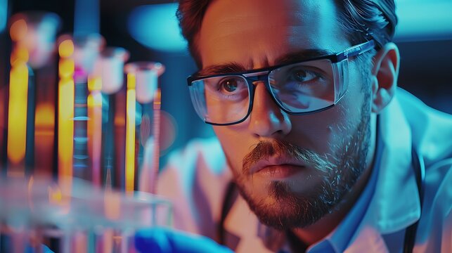 Medical or scientific researcher or man doctor looking at a test tube of clear solution in a laboratory