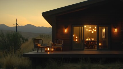 Modern cabin at sunset, outdoor deck with warm lighting, wind turbine in background.