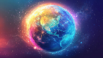 Fototapeta premium Abstract Vector Illustration of a Glowing 3D Globe with Connected Nodes Representing Global Internet Networks and Data Flow