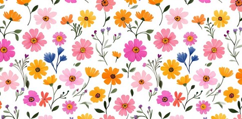Obraz premium A seamless pattern illustration featuring vintage flowers. This retro psychedelic floral background art design has a groovy, colorful spring texture and a hippie seventies nature backdrop print with