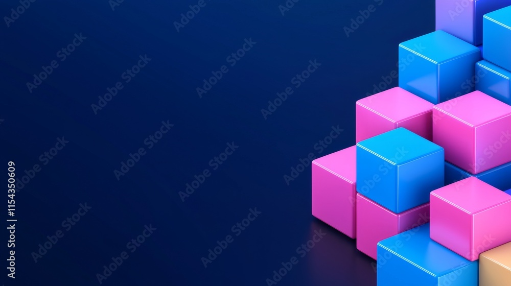 Poster an abstract geometric backdrop featuring isometric digital blocks, representing the blockchain conce
