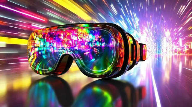 Colorful virtual reality goggles with vibrant reflections against a dynamic background of lights and movement
