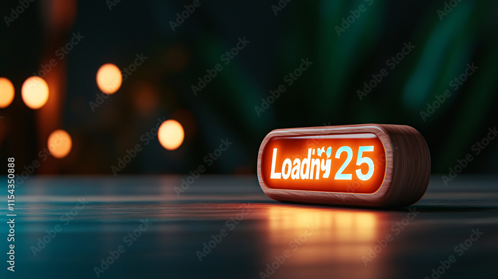 Poster minimalist 3d loading screen: wooden sign glows with 'loading 25%' in a warm, inviting ambiance. per