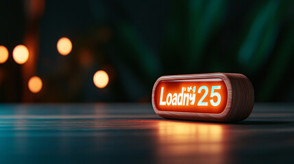 Minimalist 3D Loading Screen: Wooden sign glows with 'Loading 25%' in a warm, inviting ambiance. Perfect for tech or game design.
