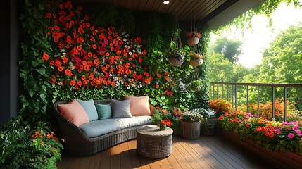 Obraz premium Lush floral balcony with wicker sofa, flowers, plants, and wooden flooring.