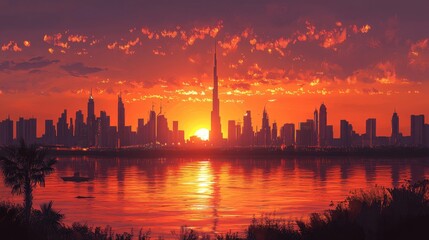 Obraz premium A vibrant sunset over a city skyline, reflecting on calm waters.