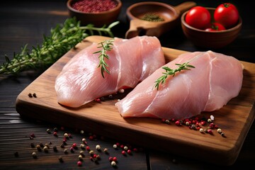 Close up view of chicken and spices on wooden cutting board