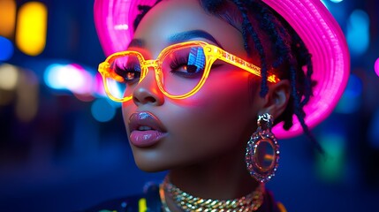 Neon Lit Woman Posing in Bright Hat and Glasses