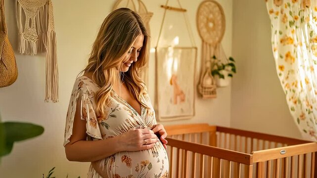 A pregnant Hispanic woman in a floral dress gazes lovingly at her baby bump in a serene nursery filled with soft light. The inviting space reflects warmth and anticipation of new life.