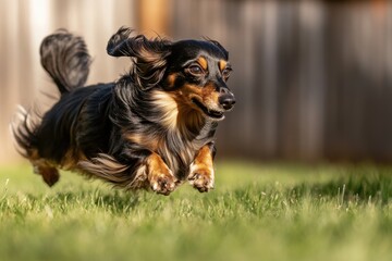 Dynamic DSLR photo of a longhaired dachshund in motion