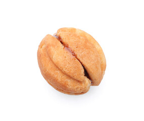 Sweet walnut shaped cookie with boiled condensed milk on white background