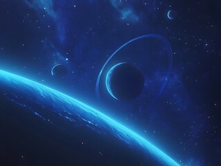 Fototapeta premium Stunning Digital Painting: Celestial Bodies Gracefully Orbiting in a Vibrant Blue Nebula. AI Generated