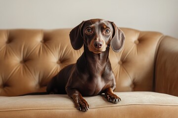 Elegant chocolatebrown dachshund on plush velvet couch