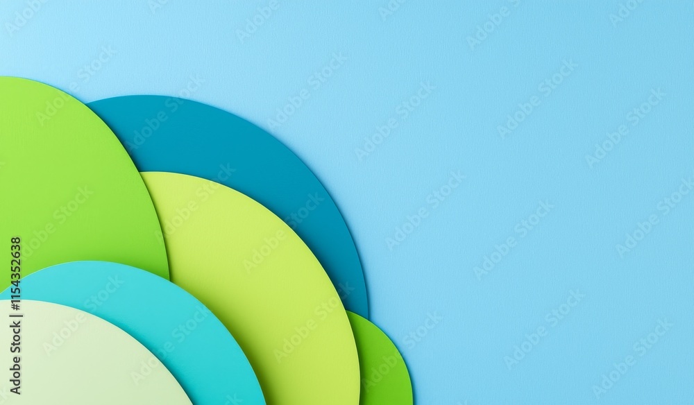 Poster a background of blue and green with abstract geometric triangles arranged in layers.