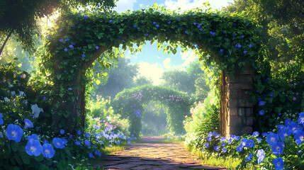 Lush and verdant garden arbor adorned with a bountiful display of climbing ivy and vibrant morning glory flowers on a tranquil sun drenched day. Verdantine. Illustration
